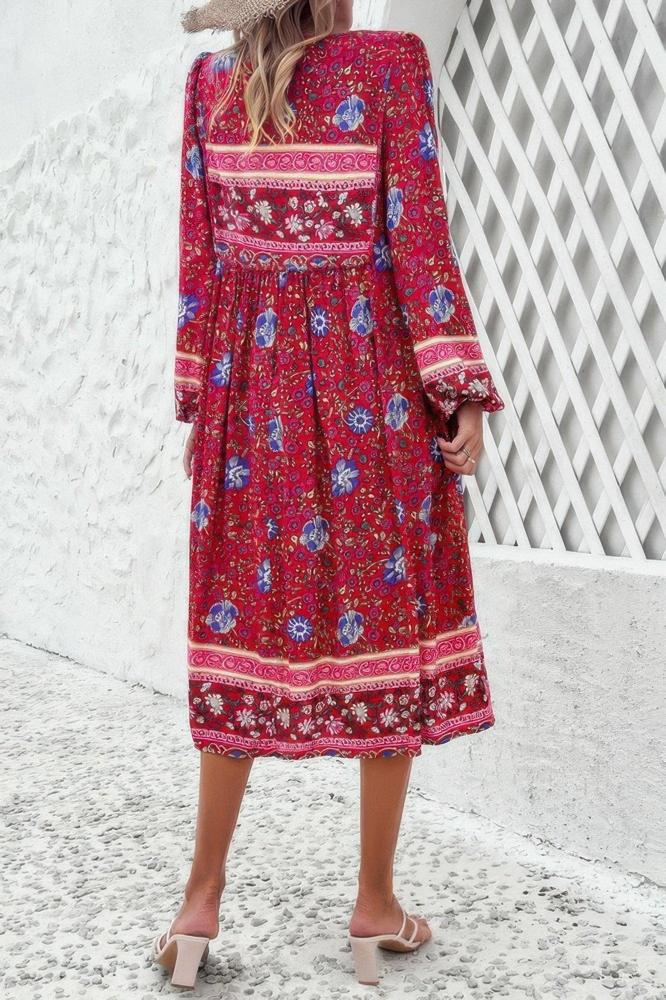 Cross Knot Floral Print Loose Fit V Neck Dress | Mixtshop LLC