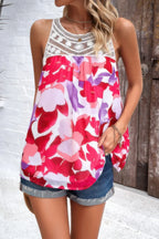 Floral Print Lace Trim Sleeveless Loose Pleated Top | Mixtshop LLC