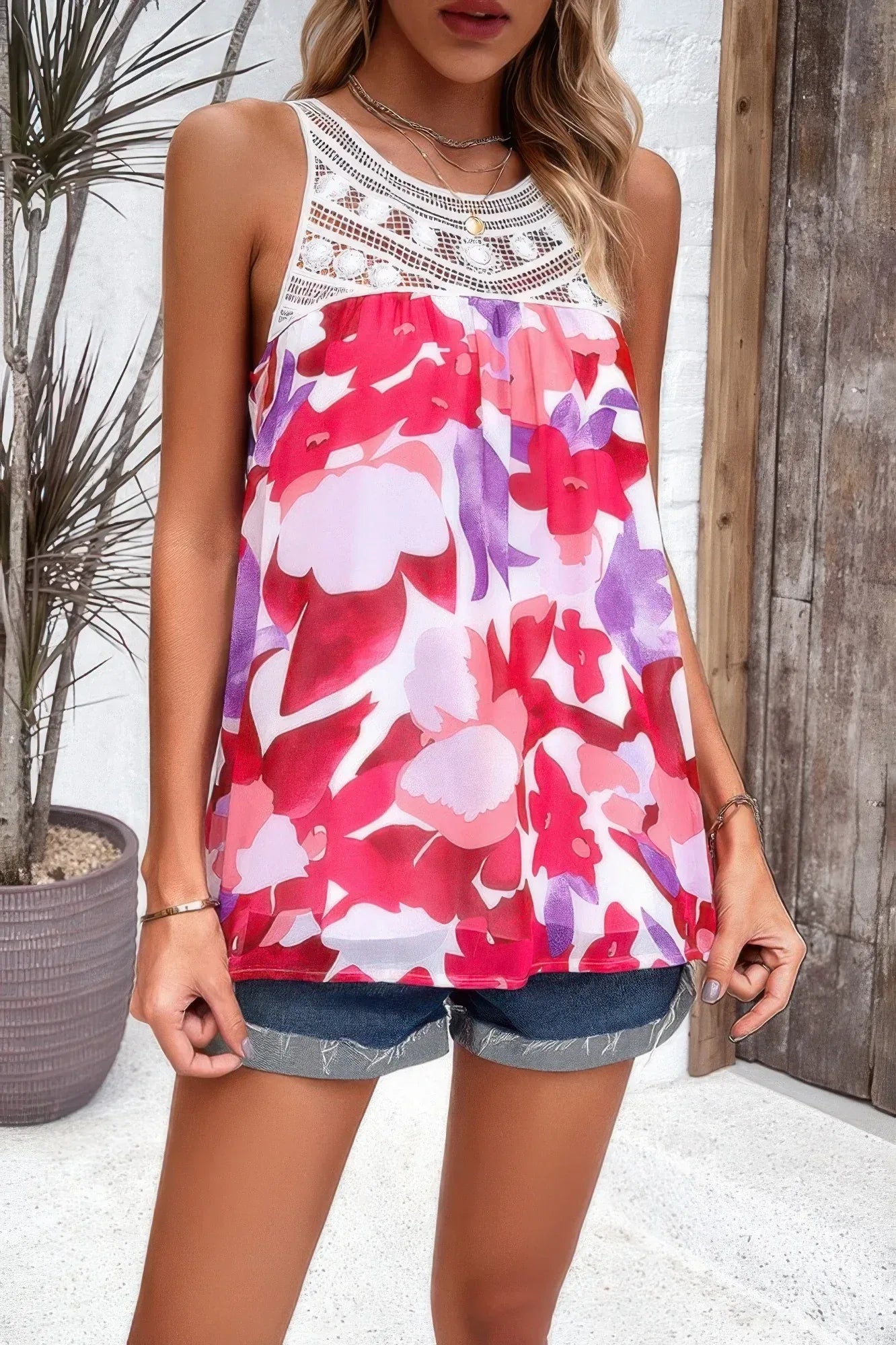 Floral Print Lace Trim Sleeveless Loose Pleated Top Secondary image