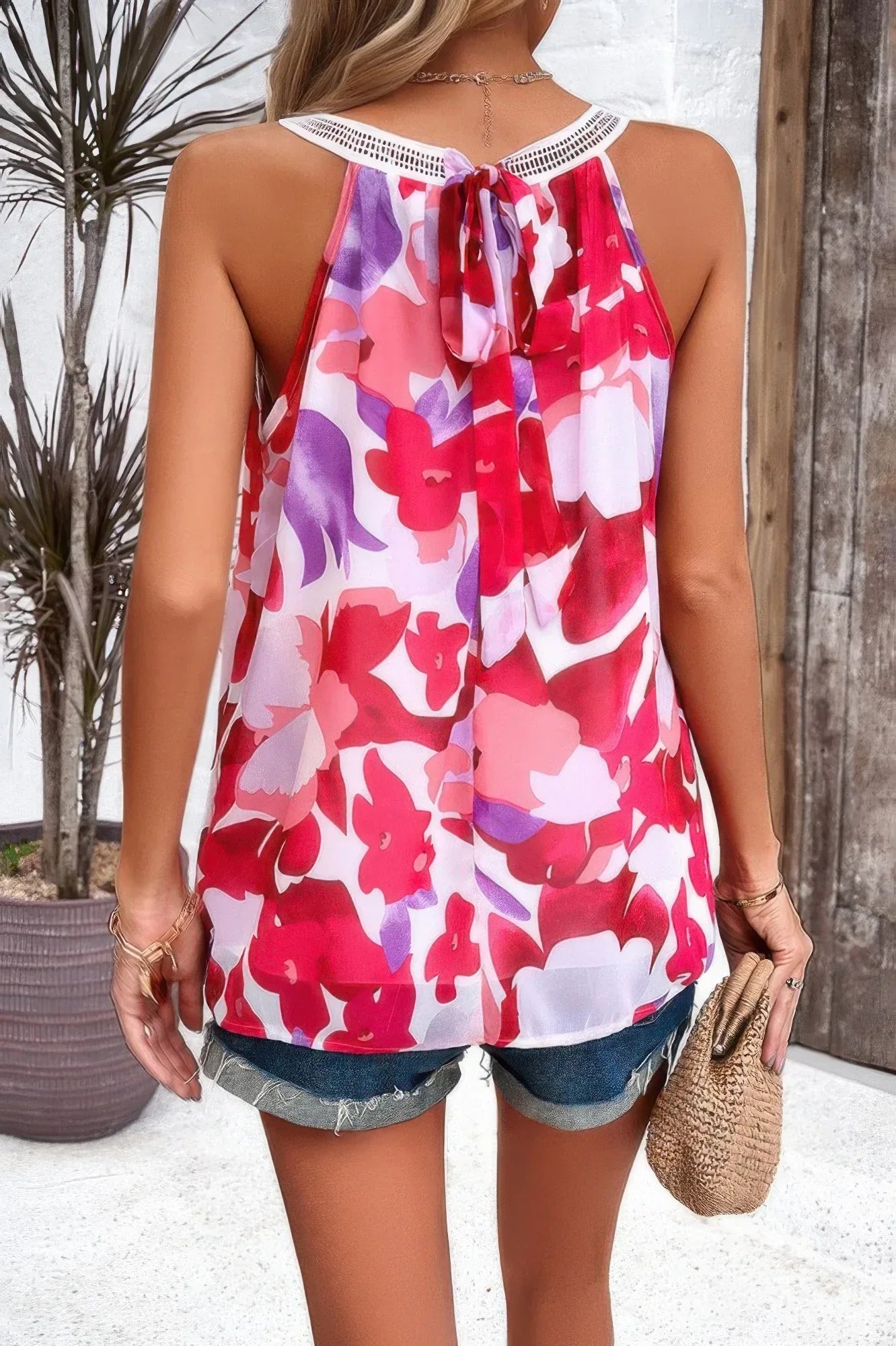 Floral Print Lace Trim Sleeveless Loose Pleated Top | Mixtshop LLC
