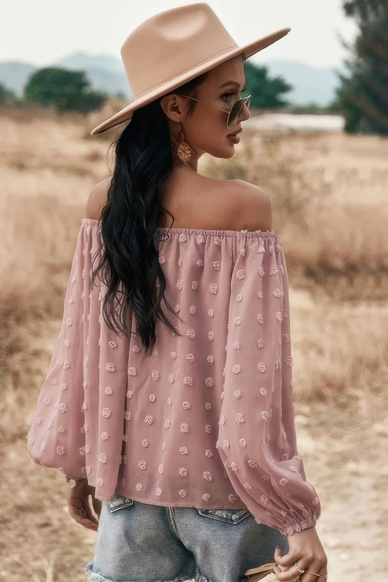 Off Shoulder Swiss Dot Long Sleeve Loose Top Secondary image