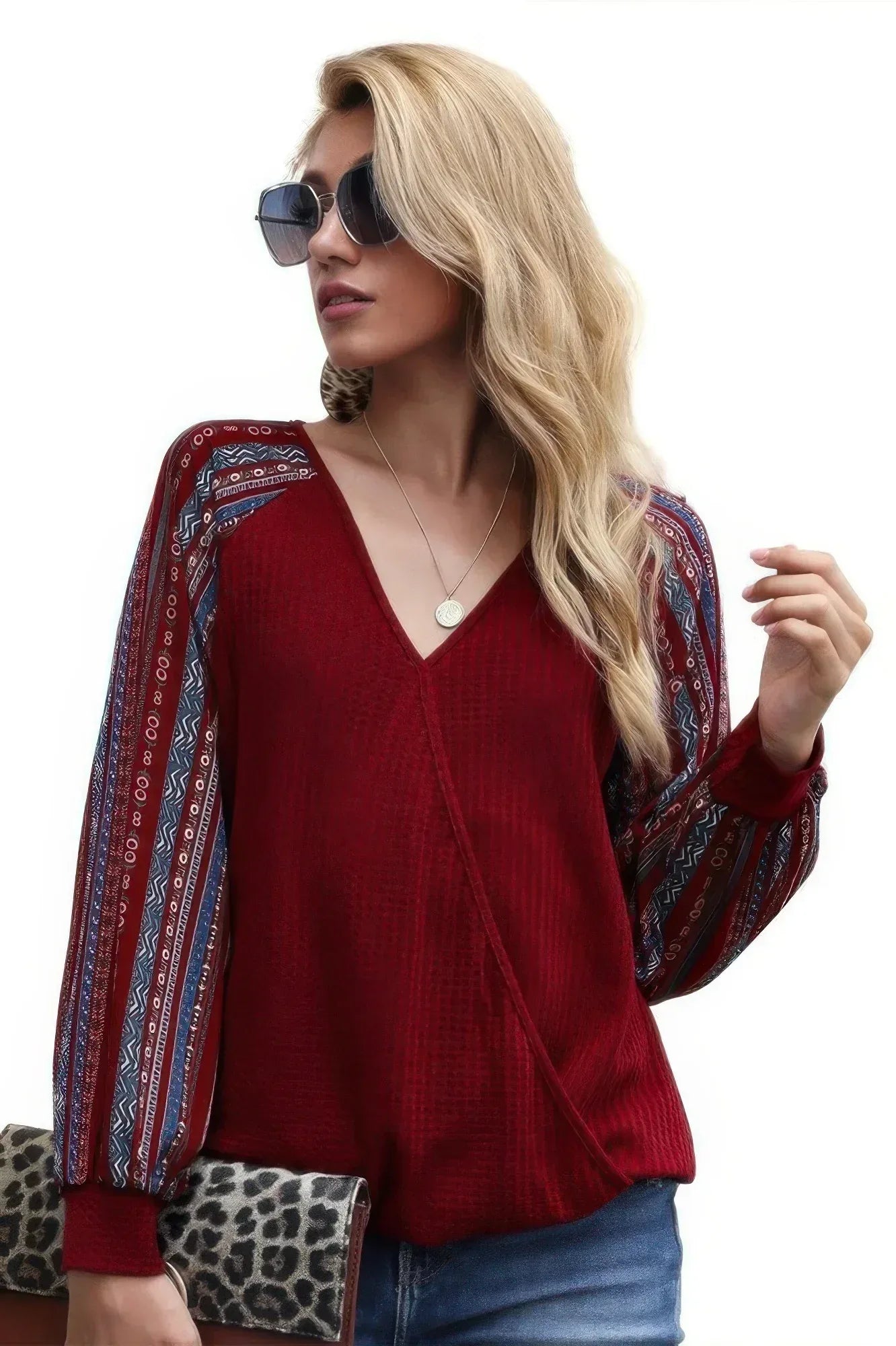 Color Block Deep V Neck Raglan Sleeve Wrap Top Secondary image