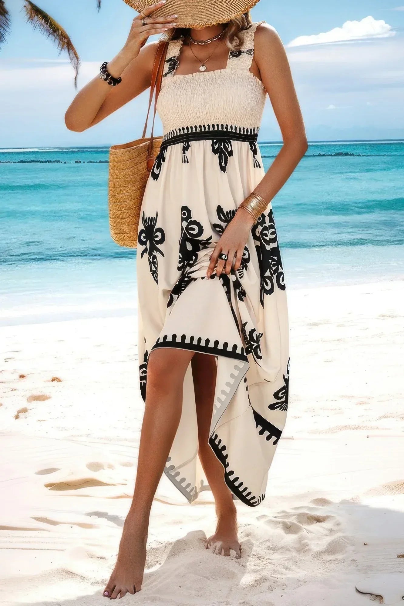 Sleeveless Square Neck A Line Smocked Shirred Dress Secondary image