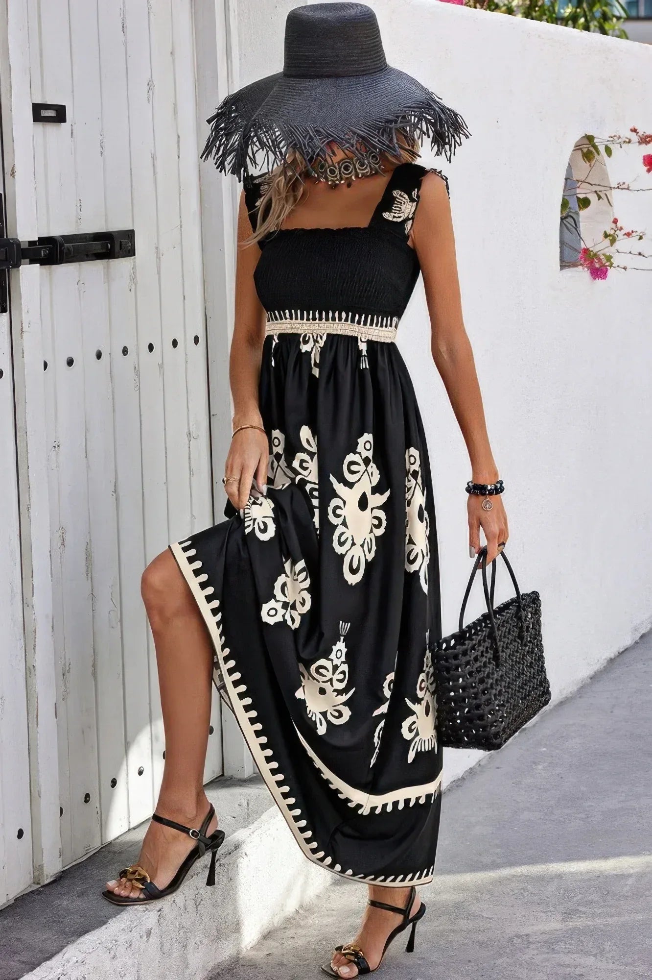 Sleeveless Square Neck A Line Smocked Shirred Dress | Mixtshop LLC