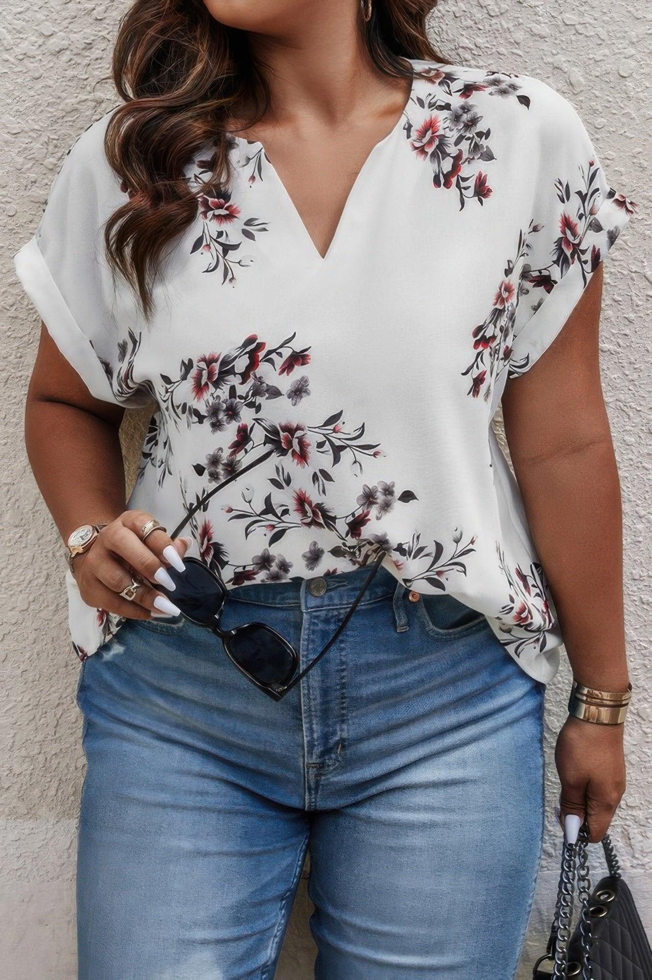 Plus Size Floral Print V Neck Loose Blouse | Mixtshop LLC Main image