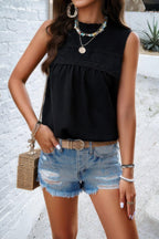 Lace Trim Solid Ruched Sleeveless Swiss Dot Top | Mixtshop LLC