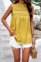 Lace Trim Solid Ruched Sleeveless Swiss Dot Top | Mixtshop LLC