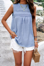 Lace Trim Solid Ruched Sleeveless Swiss Dot Top | Mixtshop LLC