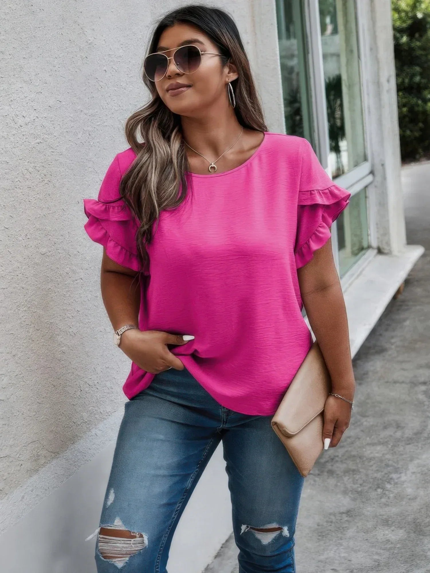 Plus Size Round Neck Ruffle Solid Loose Shirt | Mixtshop LLC