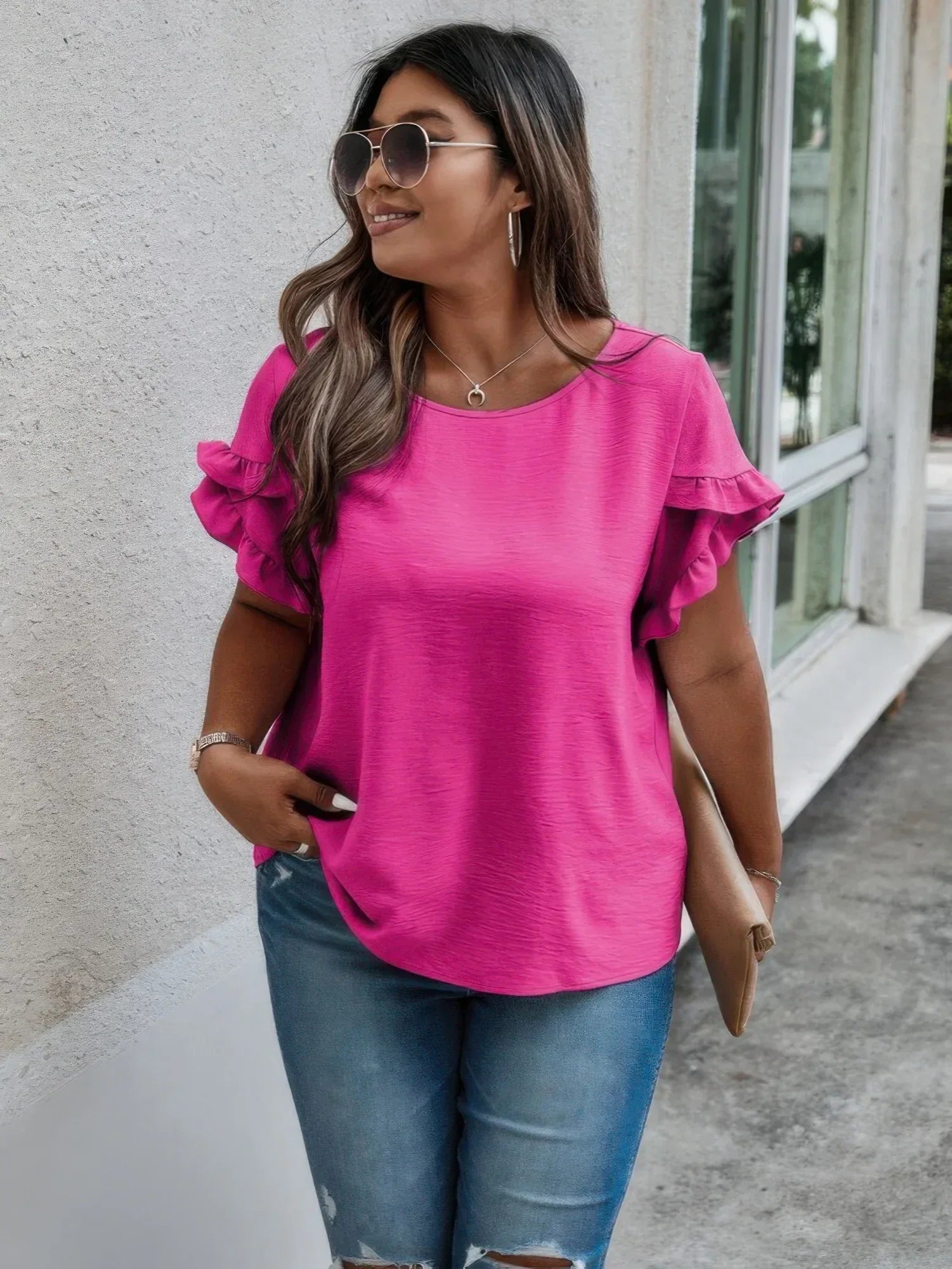 Plus Size Round Neck Ruffle Solid Loose Shirt | Mixtshop LLC