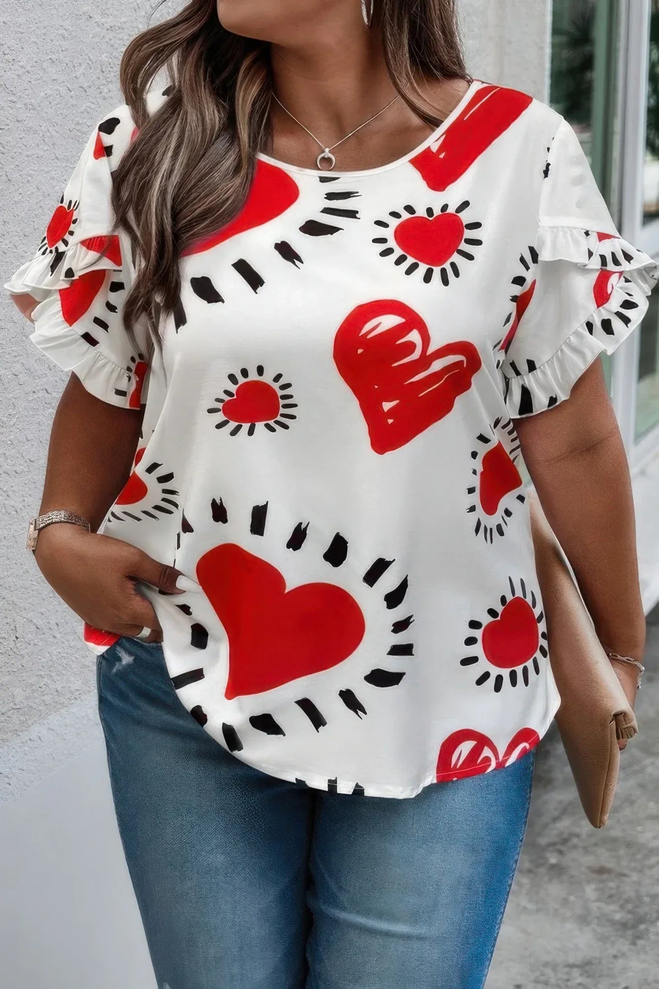 Plus Size Heart Print Ruffle Hem Sleeve Shirt | Mixtshop LLC Main image
