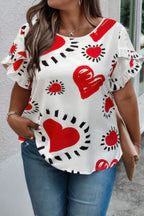 Plus Size Heart Print Ruffle Hem Sleeve Shirt | Mixtshop LLC