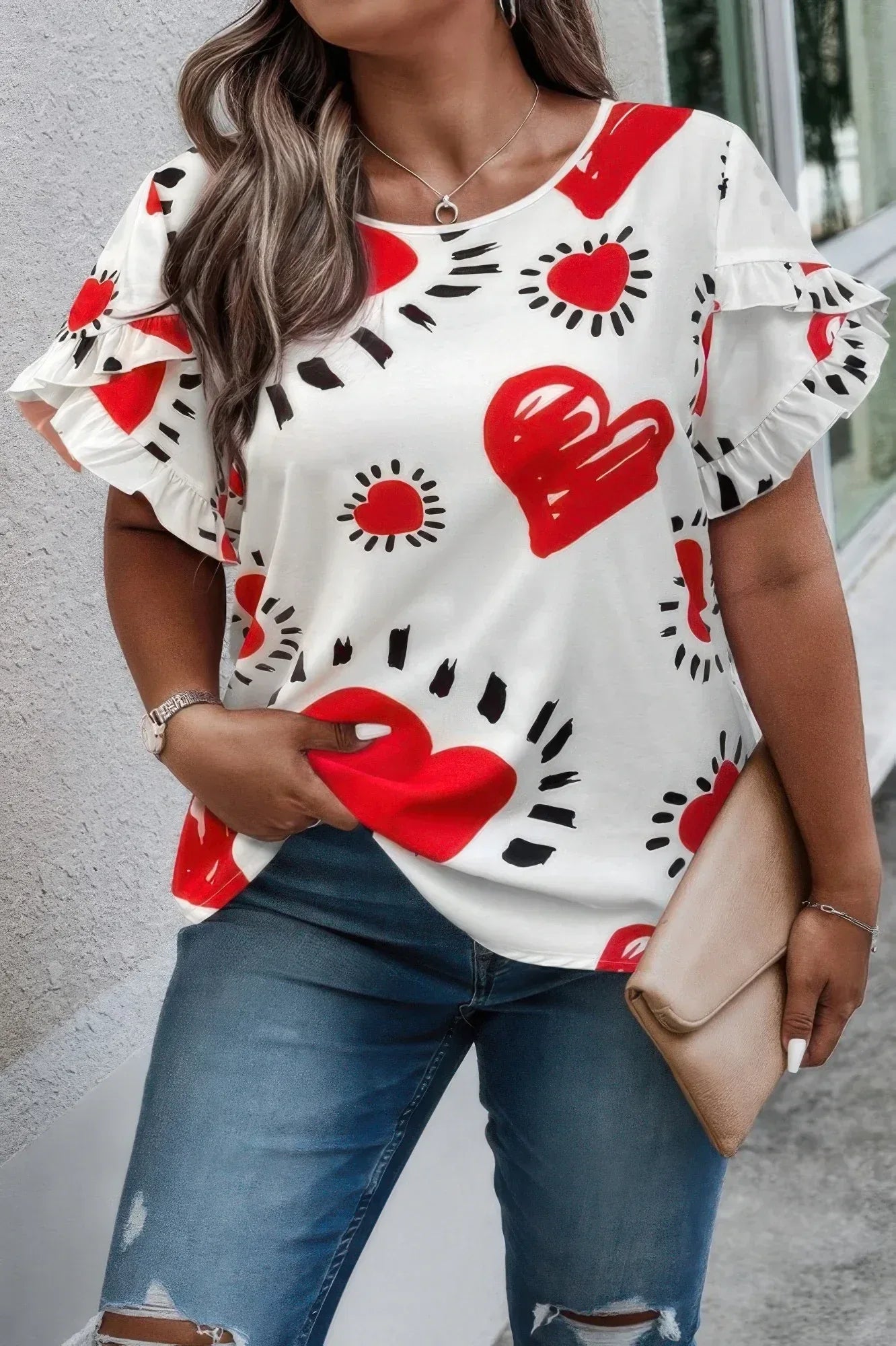 Plus Size Heart Print Ruffle Hem Sleeve Shirt Secondary image