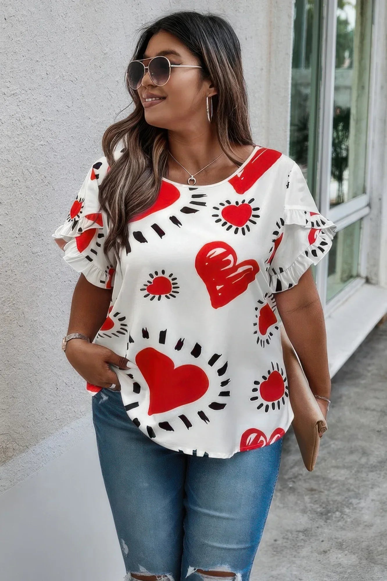 Plus Size Heart Print Ruffle Hem Sleeve Shirt | Mixtshop LLC