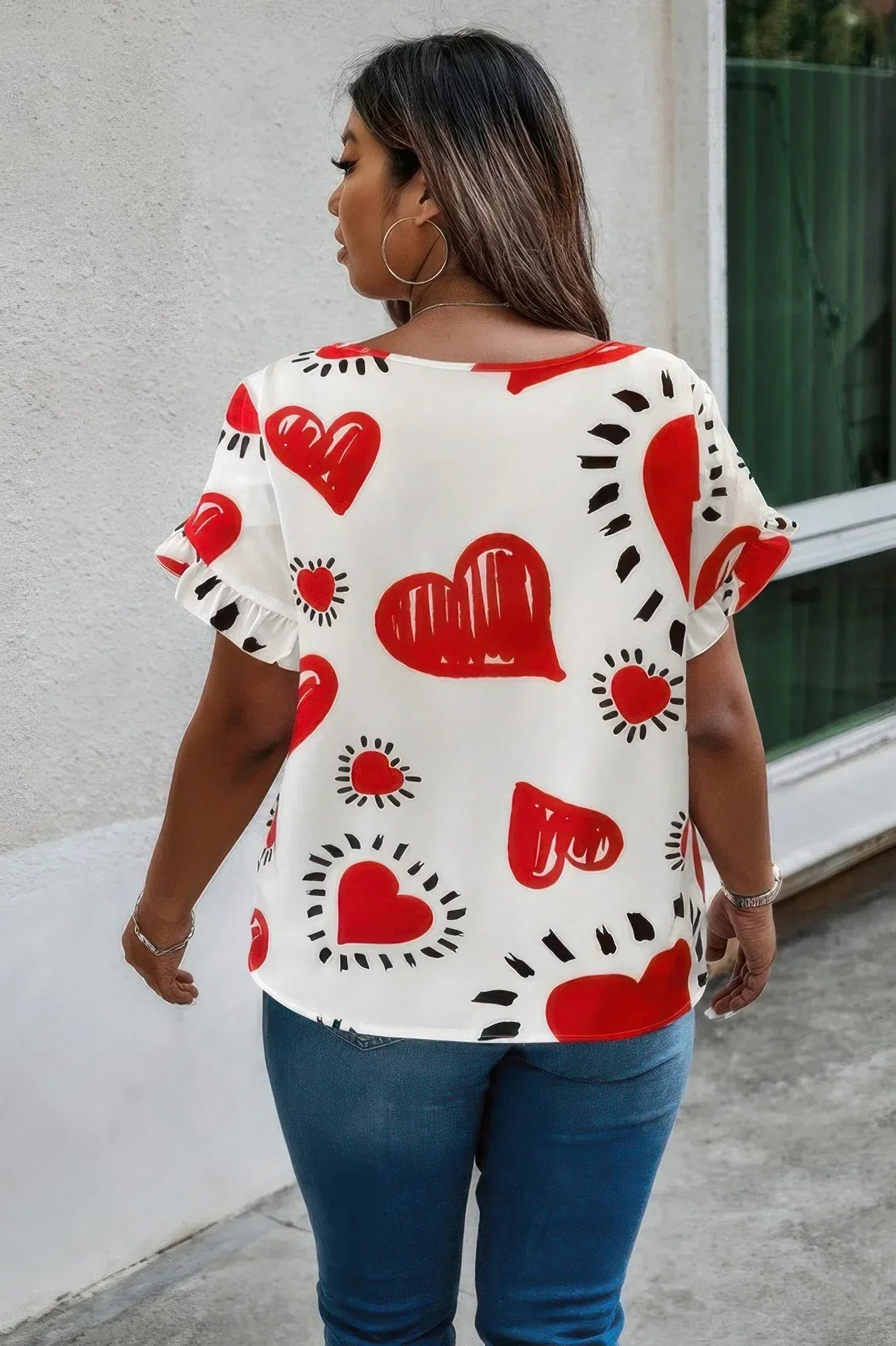 Plus Size Heart Print Ruffle Hem Sleeve Shirt | Mixtshop LLC