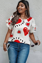 Plus Size Heart Print Ruffle Hem Sleeve Shirt | Mixtshop LLC