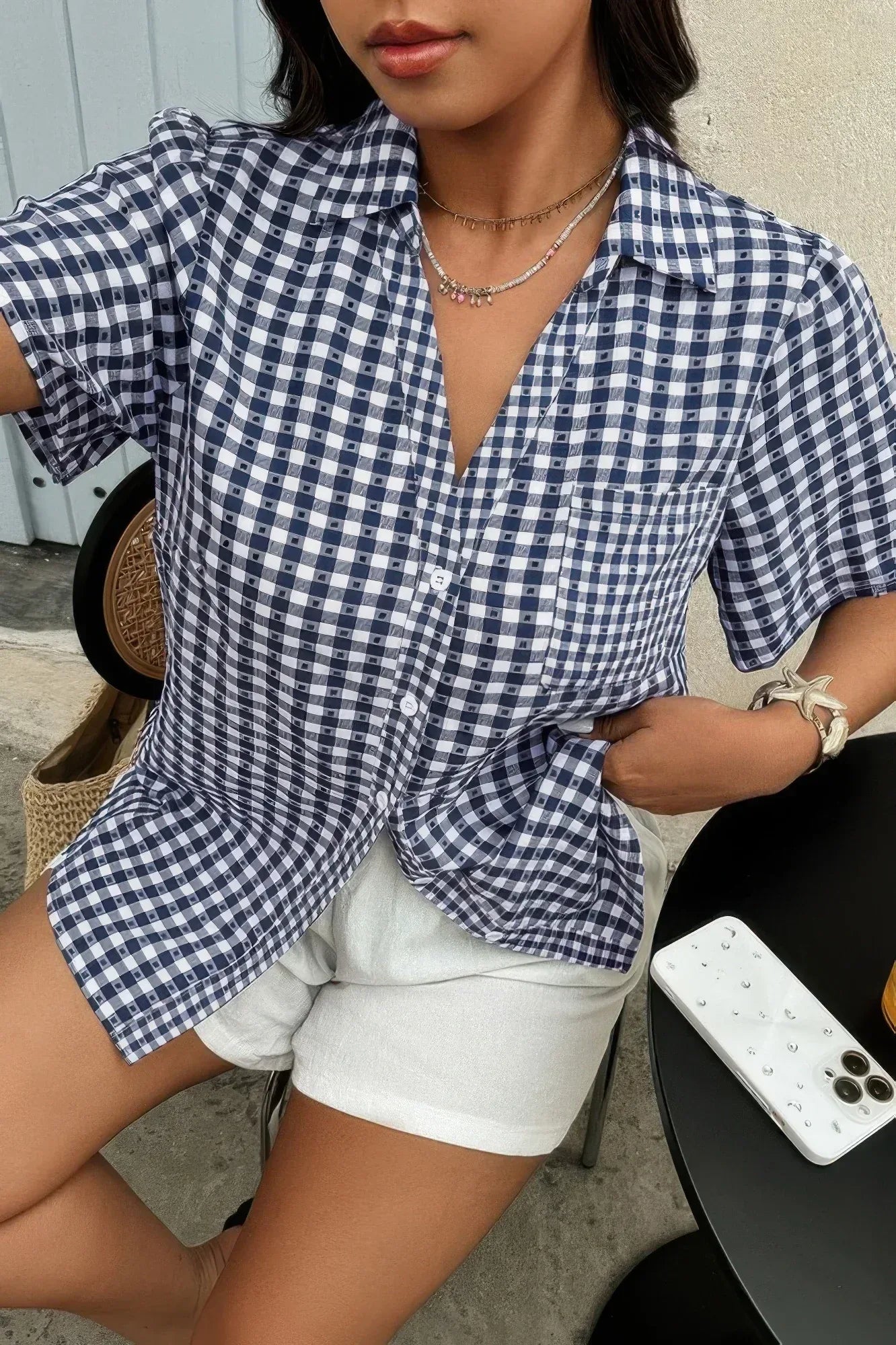 Plus Size Plaid Pocket Short Sleeve Loose Blouse Secondary image