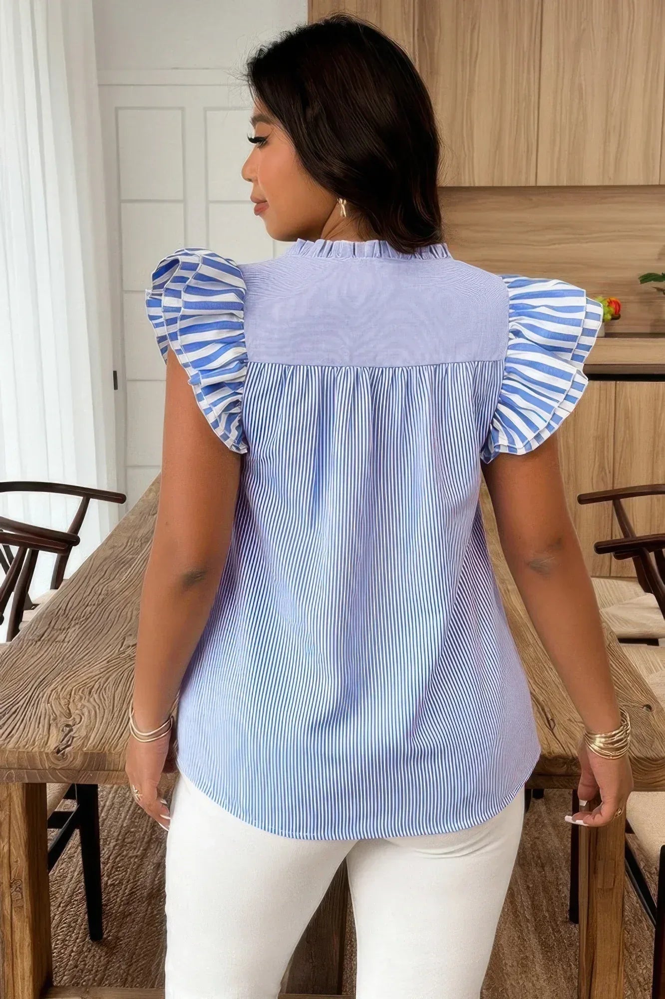 Plus Size Striped V Neck Flutter Sleeve Blouse | Mixtshop LLC