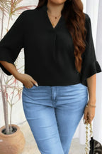 Plus V Neck Ruffle Half Sleeves Loose Blouse | Mixtshop LLC