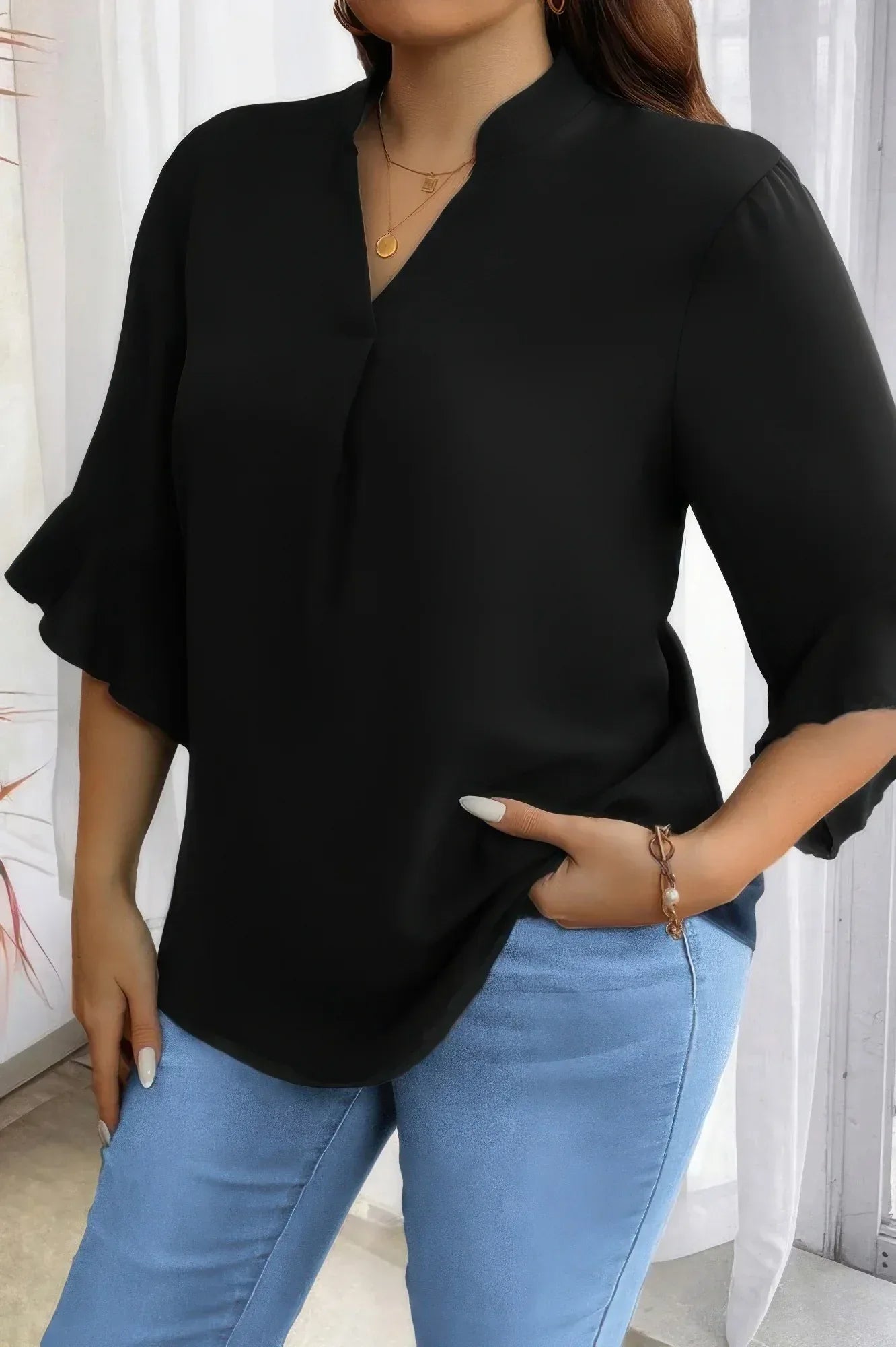 Plus V Neck Ruffle Half Sleeves Loose Blouse | Mixtshop LLC