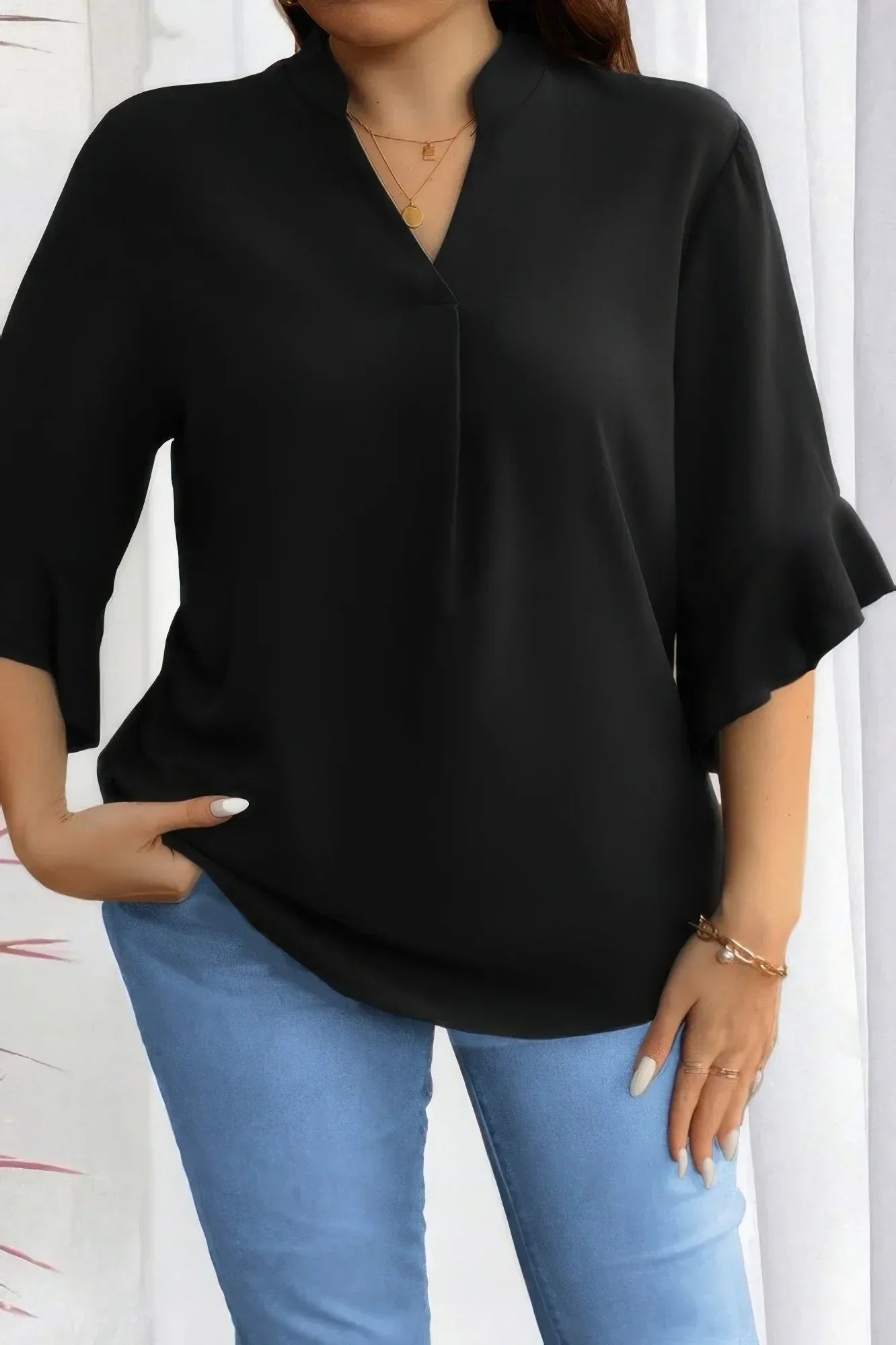 Plus V Neck Ruffle Half Sleeves Loose Blouse | Mixtshop LLC