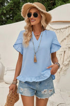 Solid V Neck Ruffle Hem Loose Fit Blouse | Mixtshop LLC