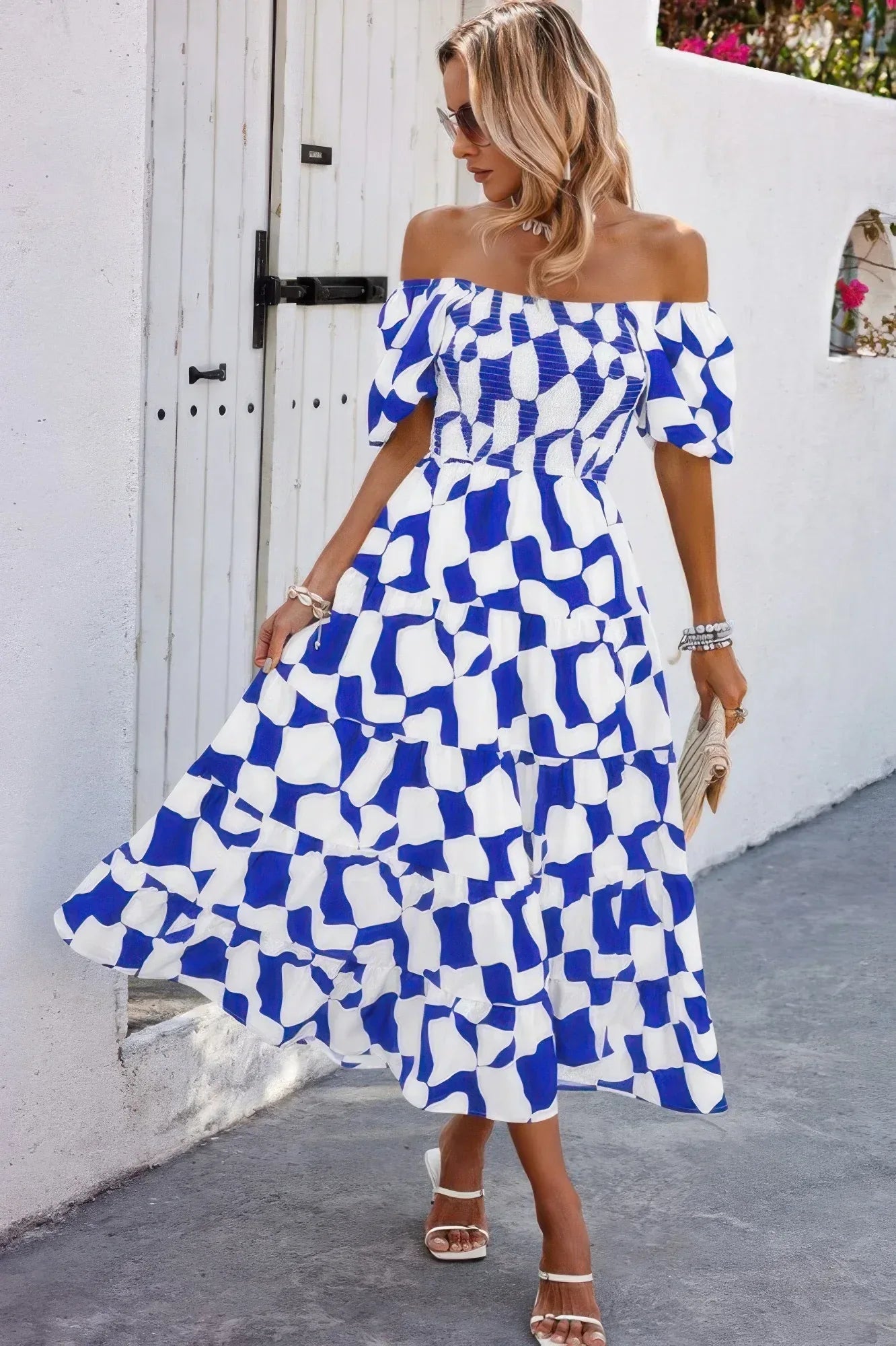 Allover Print Off Shoulder Ruched Ruffle Dress | Mixtshop LLC Main image