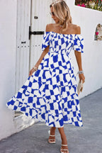 Allover Print Off Shoulder Ruched Ruffle Dress | Mixtshop LLC