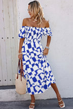 Allover Print Off Shoulder Ruched Ruffle Dress | Mixtshop LLC
