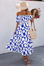 Allover Print Off Shoulder Ruched Ruffle Dress | Mixtshop LLC