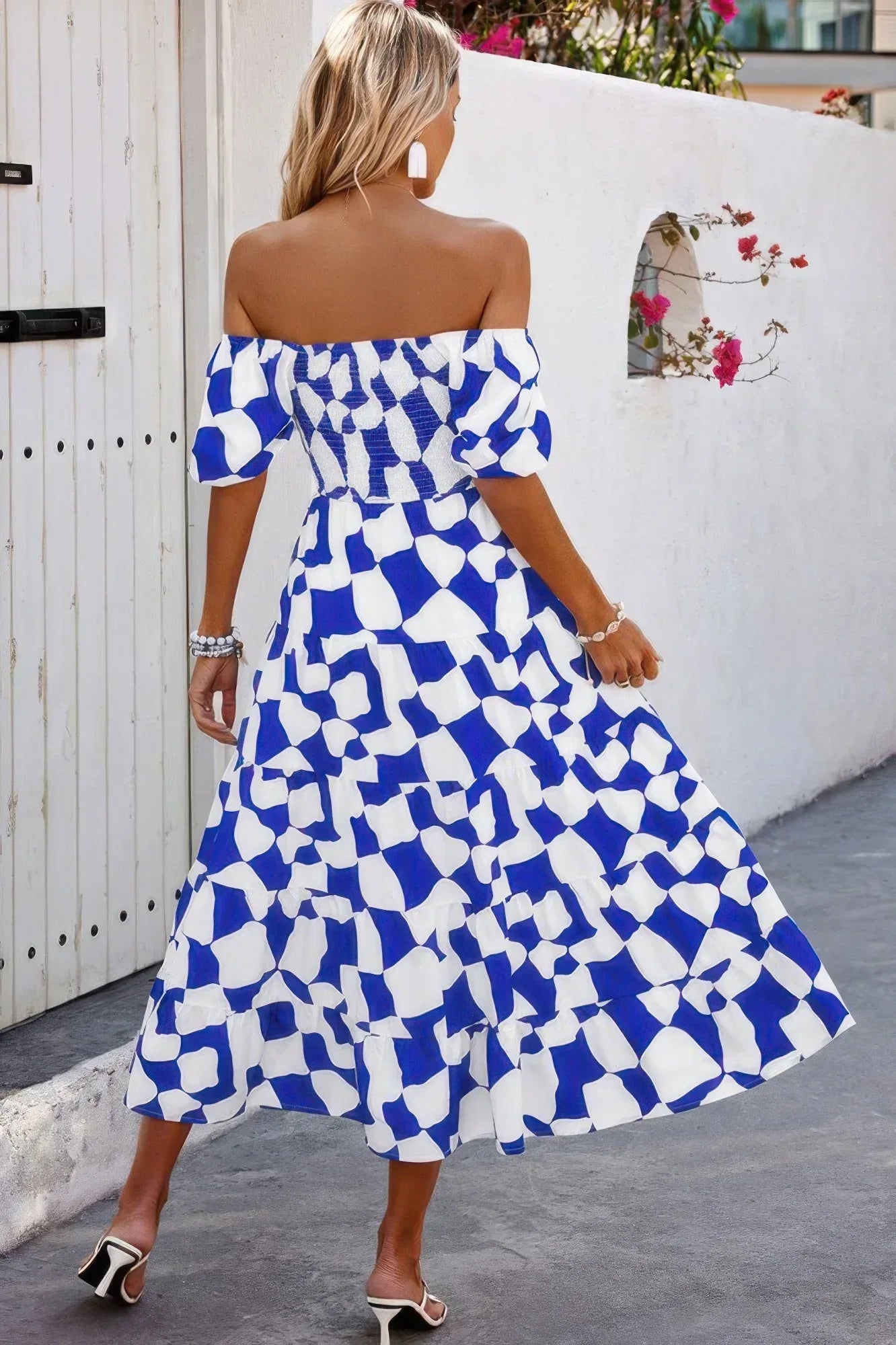 Allover Print Off Shoulder Ruched Ruffle Dress | Mixtshop LLC