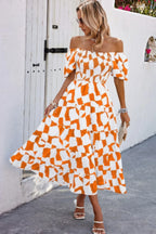Allover Print Off Shoulder Ruched Ruffle Dress | Mixtshop LLC