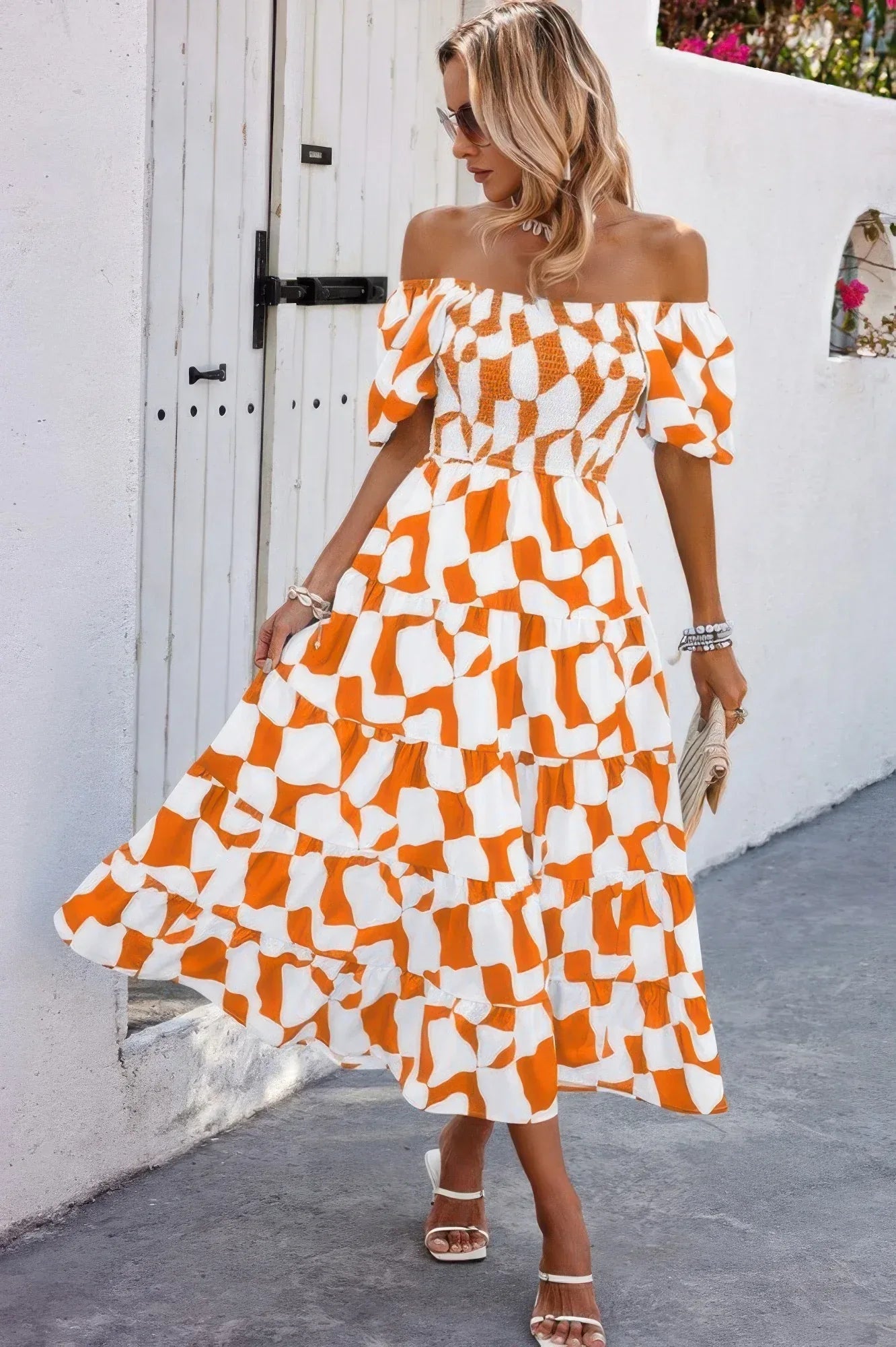 Allover Print Off Shoulder Ruched Ruffle Dress | Mixtshop LLC