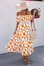 Allover Print Off Shoulder Ruched Ruffle Dress | Mixtshop LLC