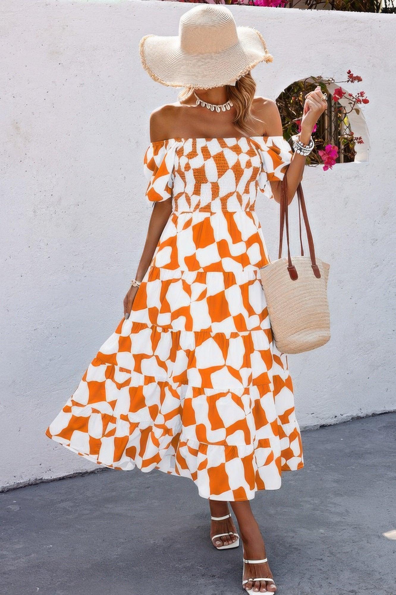 Allover Print Off Shoulder Ruched Ruffle Dress | Mixtshop LLC