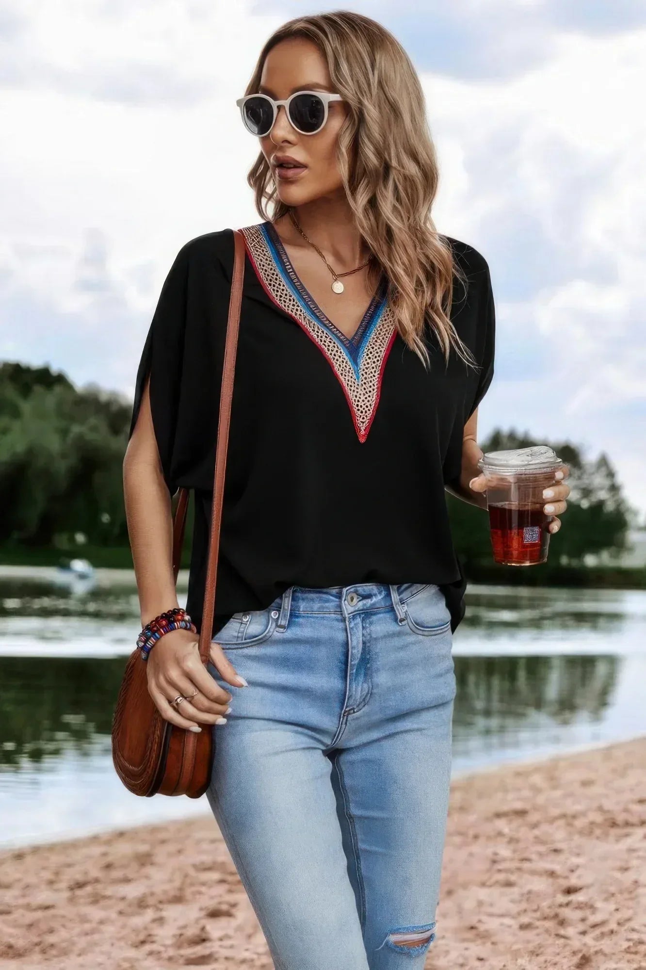 V Neck Short Dolman Sleeves Boho Loose Top | Mixtshop LLC