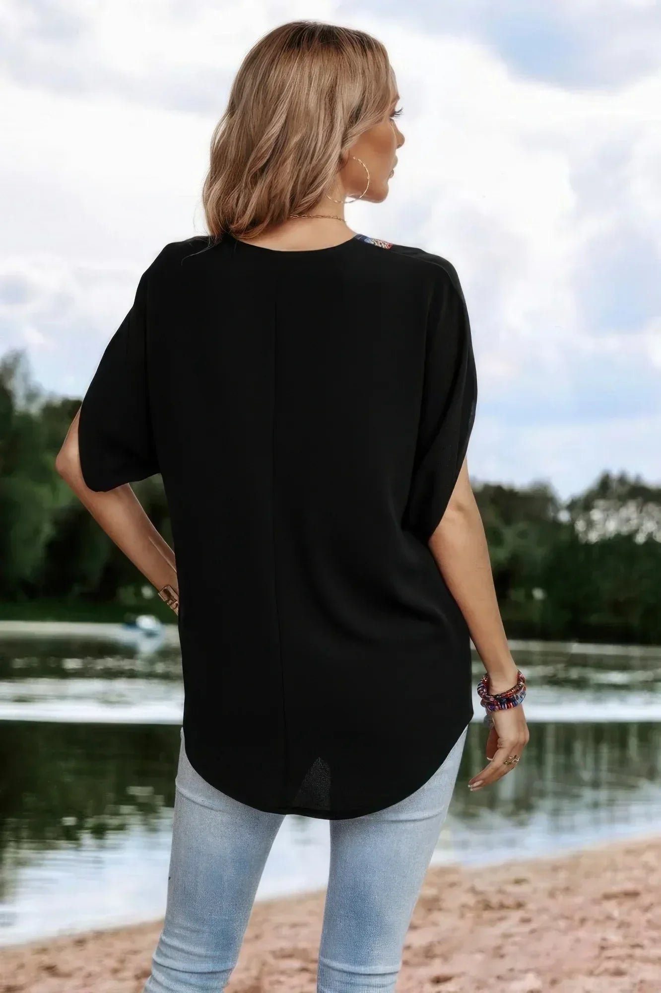 V Neck Short Dolman Sleeves Boho Loose Top | Mixtshop LLC