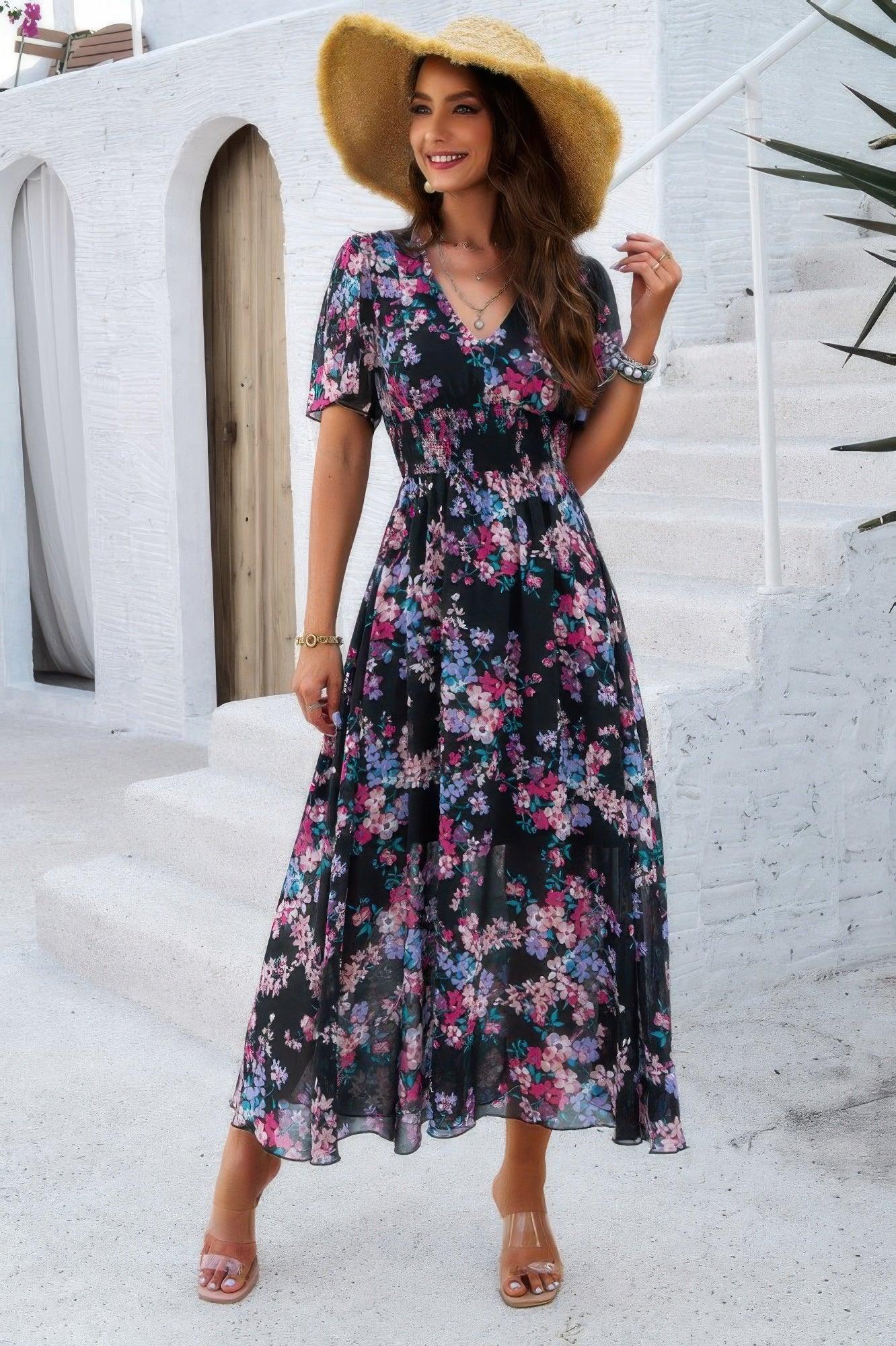 Boho Floral Print High Waist Band Fit Lined Dress | Mixtshop LLC