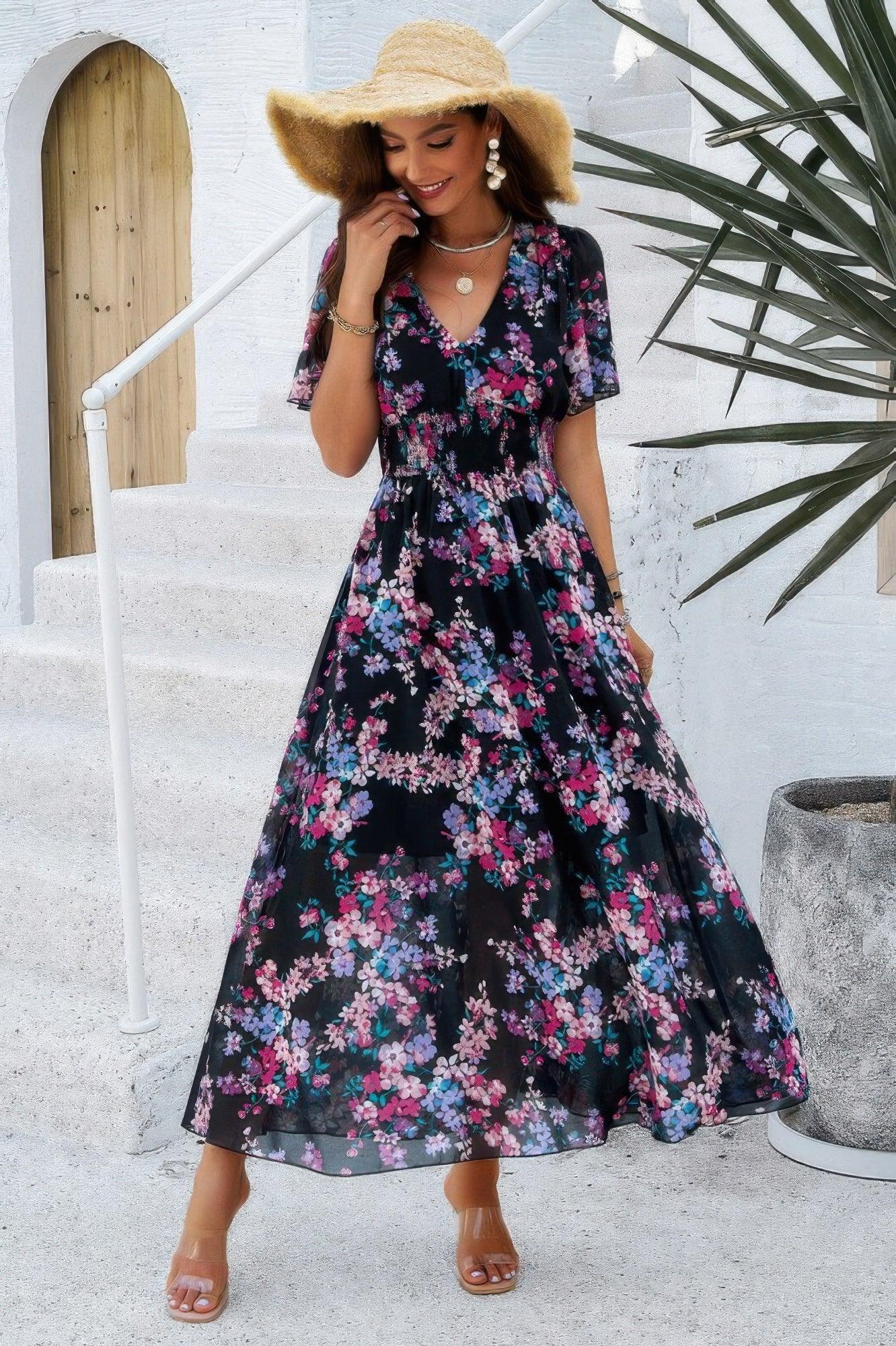 Boho Floral Print High Waist Band Fit Lined Dress | Mixtshop LLC