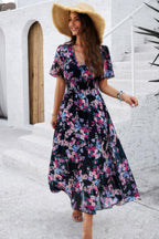 Boho Floral Print High Waist Band Fit Lined Dress | Mixtshop LLC