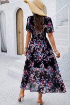 Boho Floral Print High Waist Band Fit Lined Dress | Mixtshop LLC