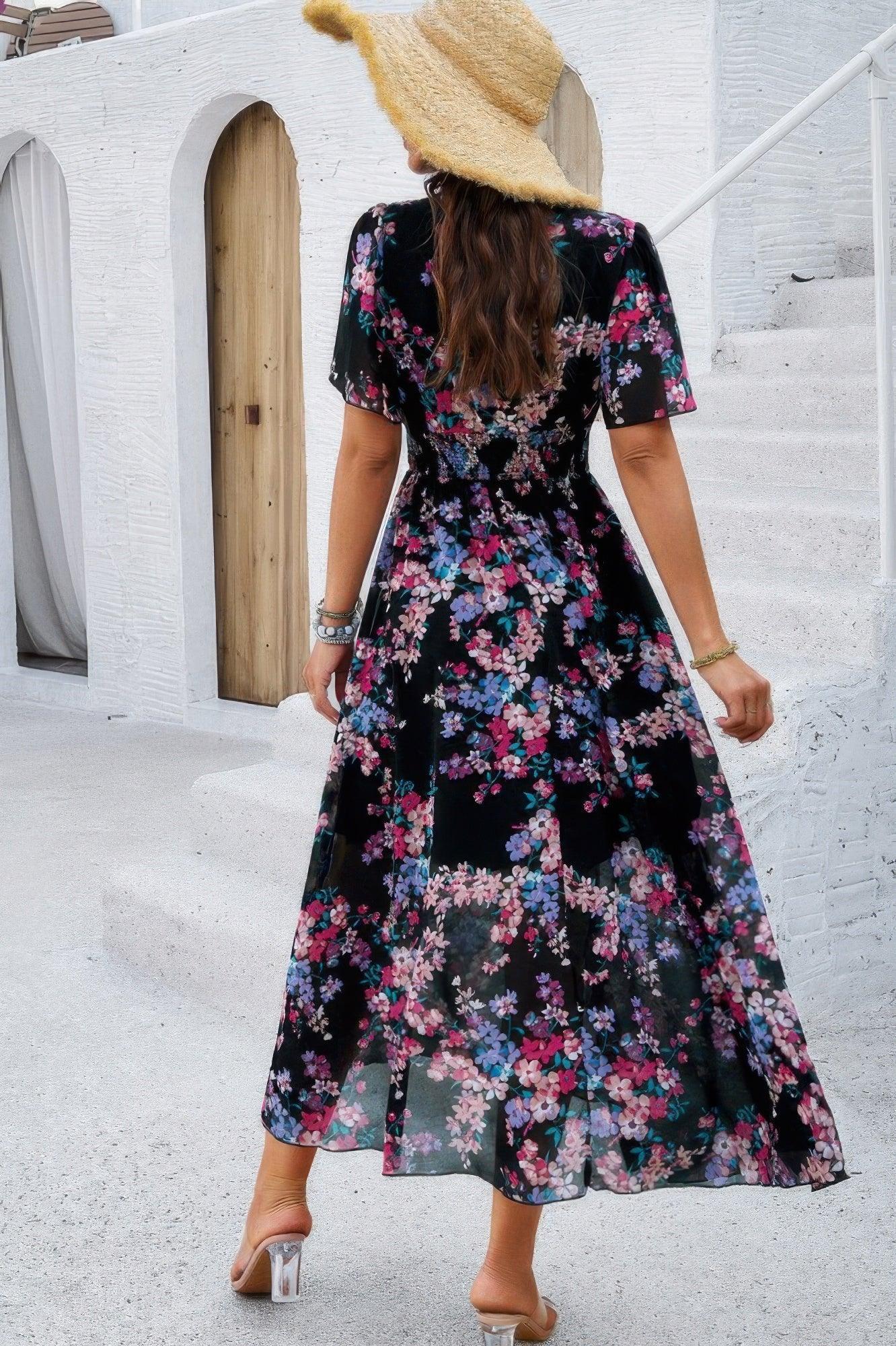Boho Floral Print High Waist Band Fit Lined Dress | Mixtshop LLC