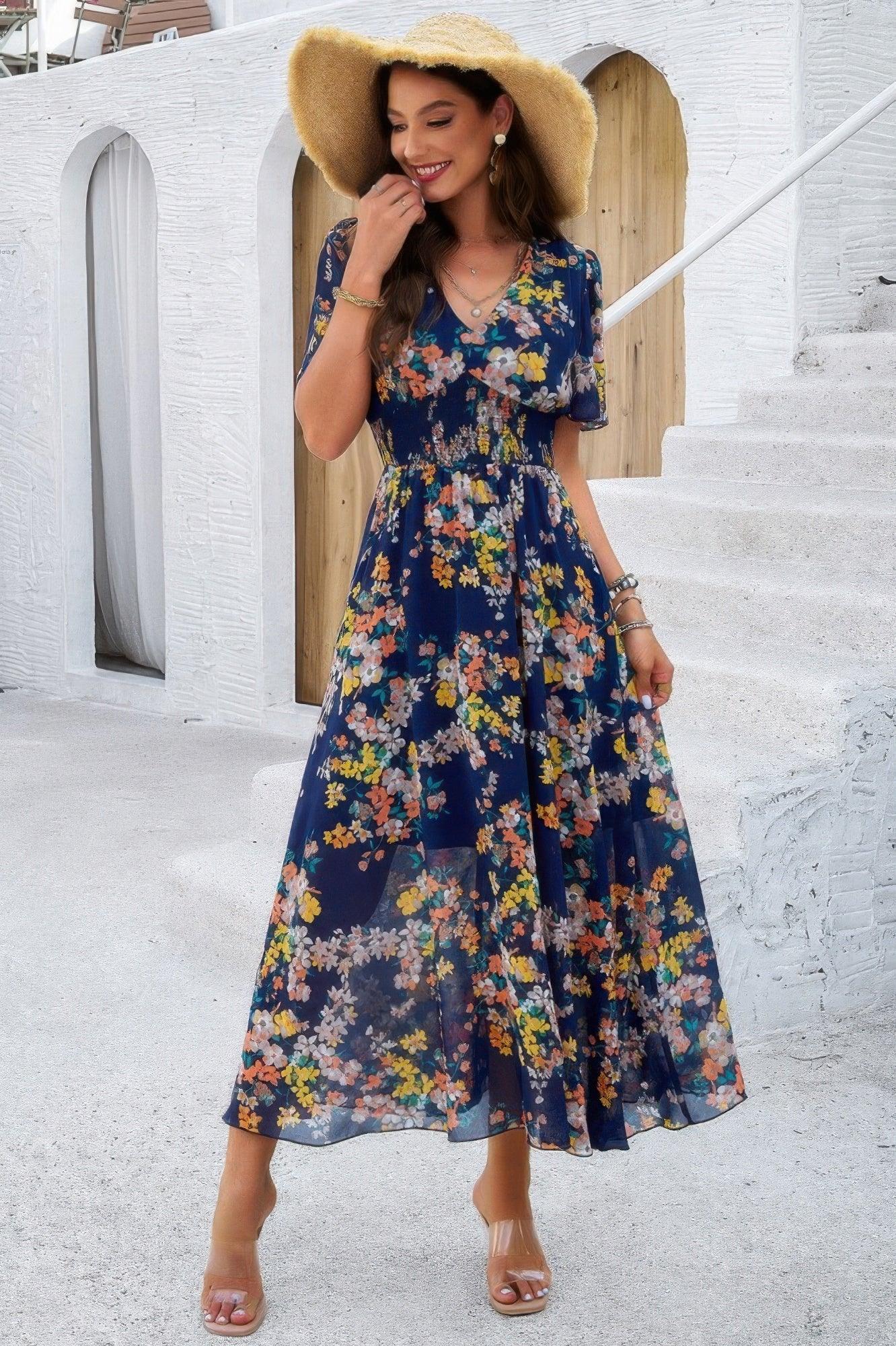 Boho Floral Print High Waist Band Fit Lined Dress | Mixtshop LLC