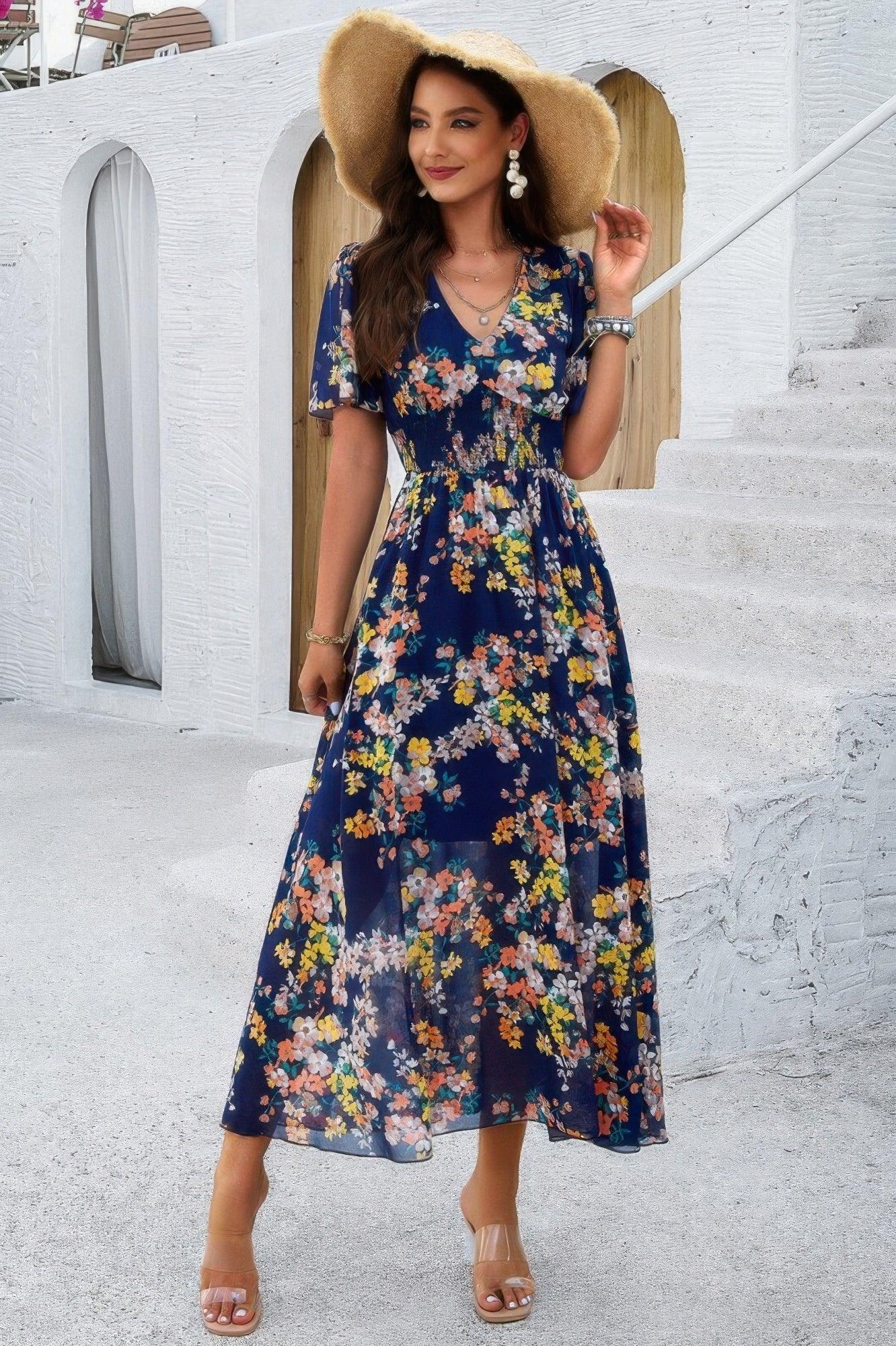 Boho Floral Print High Waist Band Fit Lined Dress | Mixtshop LLC