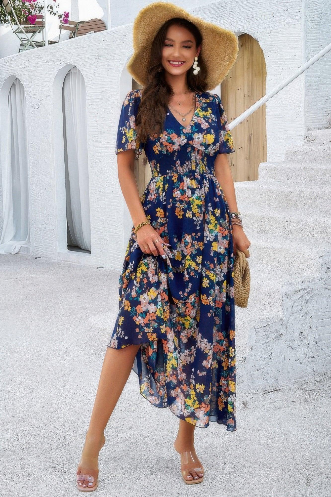 Boho Floral Print High Waist Band Fit Lined Dress | Mixtshop LLC