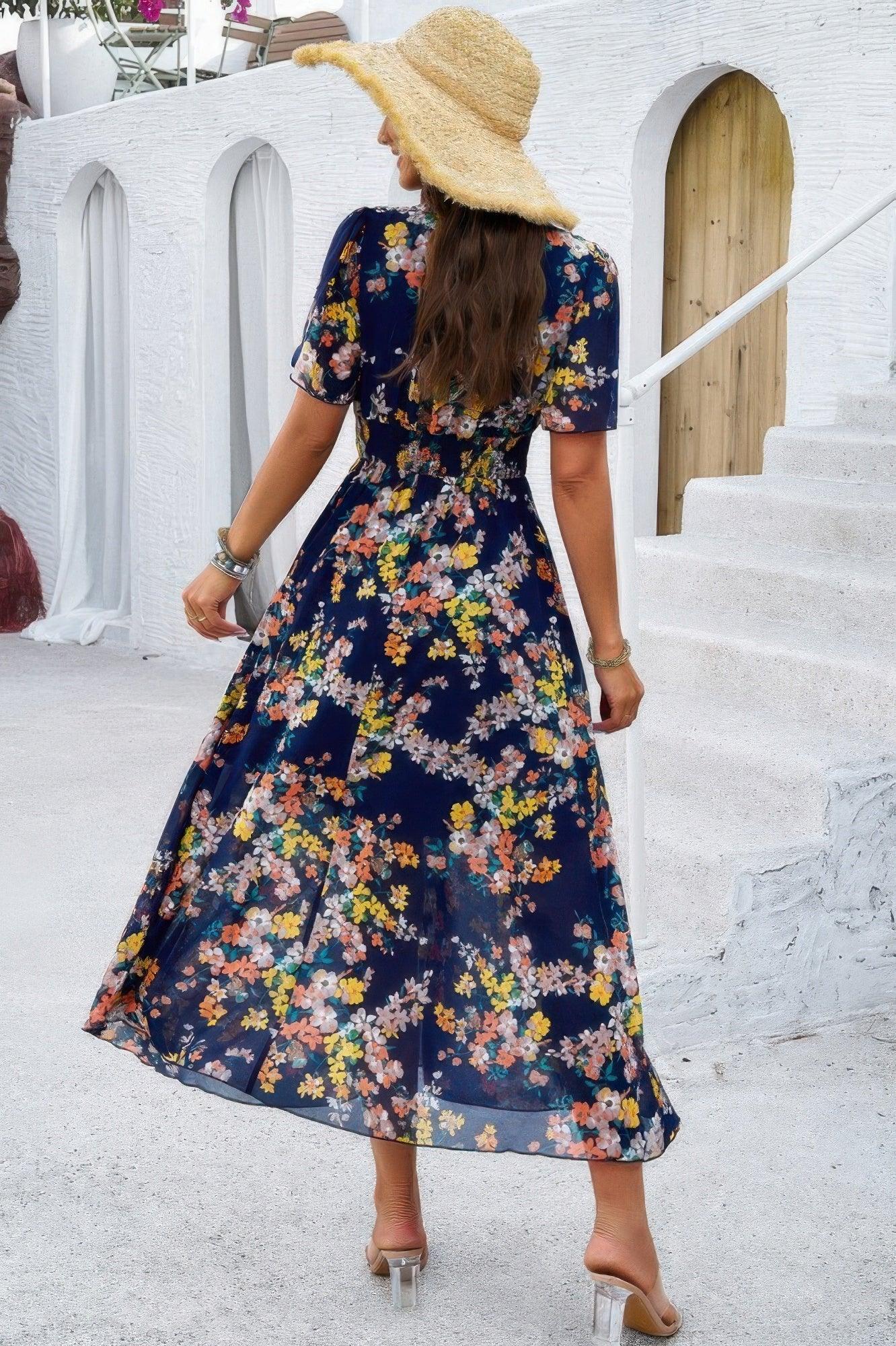 Boho Floral Print High Waist Band Fit Lined Dress | Mixtshop LLC