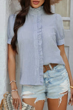 Stripe Button Down Ruffled Front Trim Shirt | Mixtshop LLC