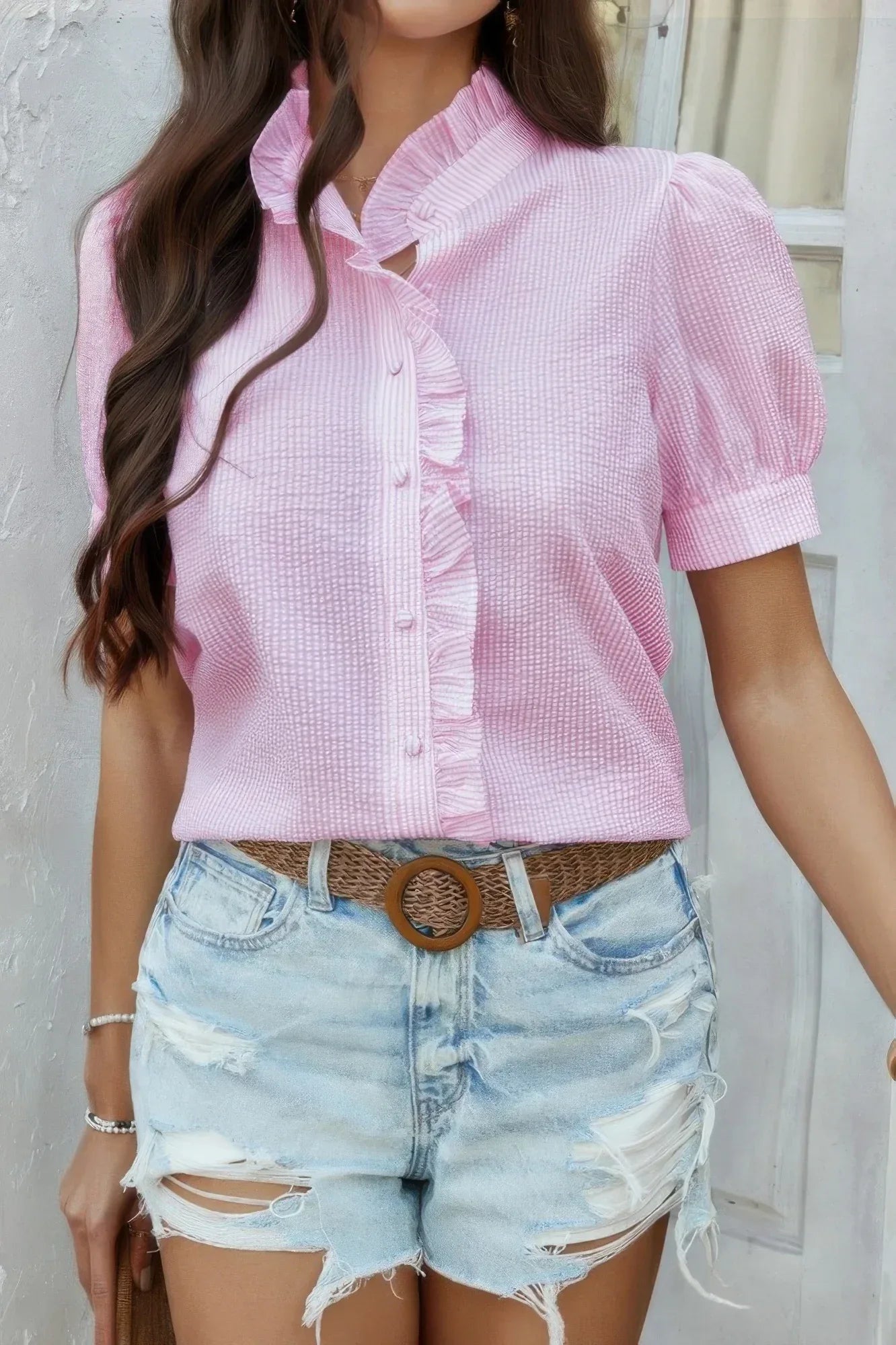 Stripe Button Down Ruffled Front Trim Shirt | Mixtshop LLC