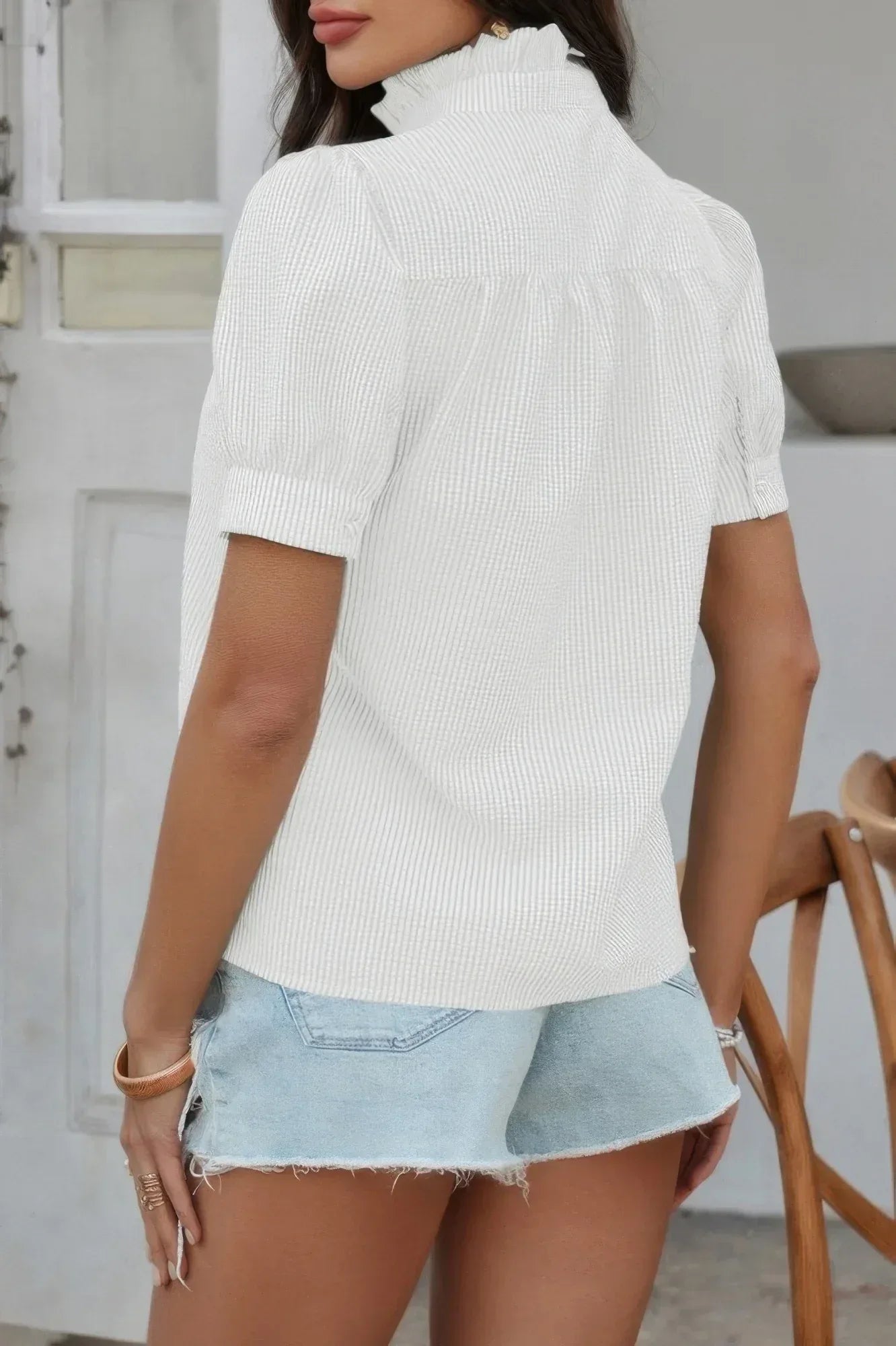 Stripe Button Down Ruffled Front Trim Shirt | Mixtshop LLC