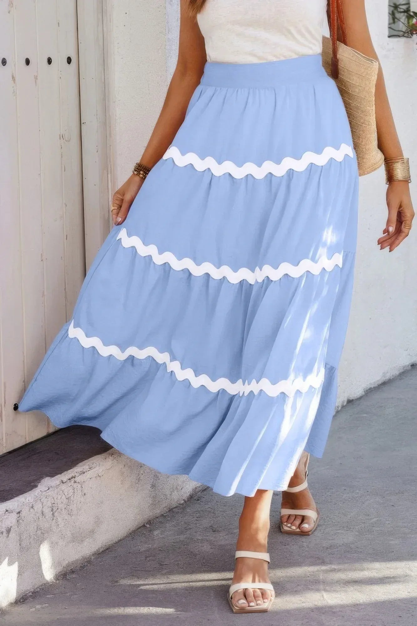 Waves Print Pleated Elastic Waist Band Skirt | Mixtshop LLC